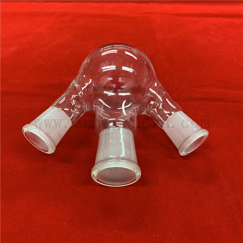 Test di laboratorio di vetro borosilicato ad alto contenuto di laboratorio a tre colli.